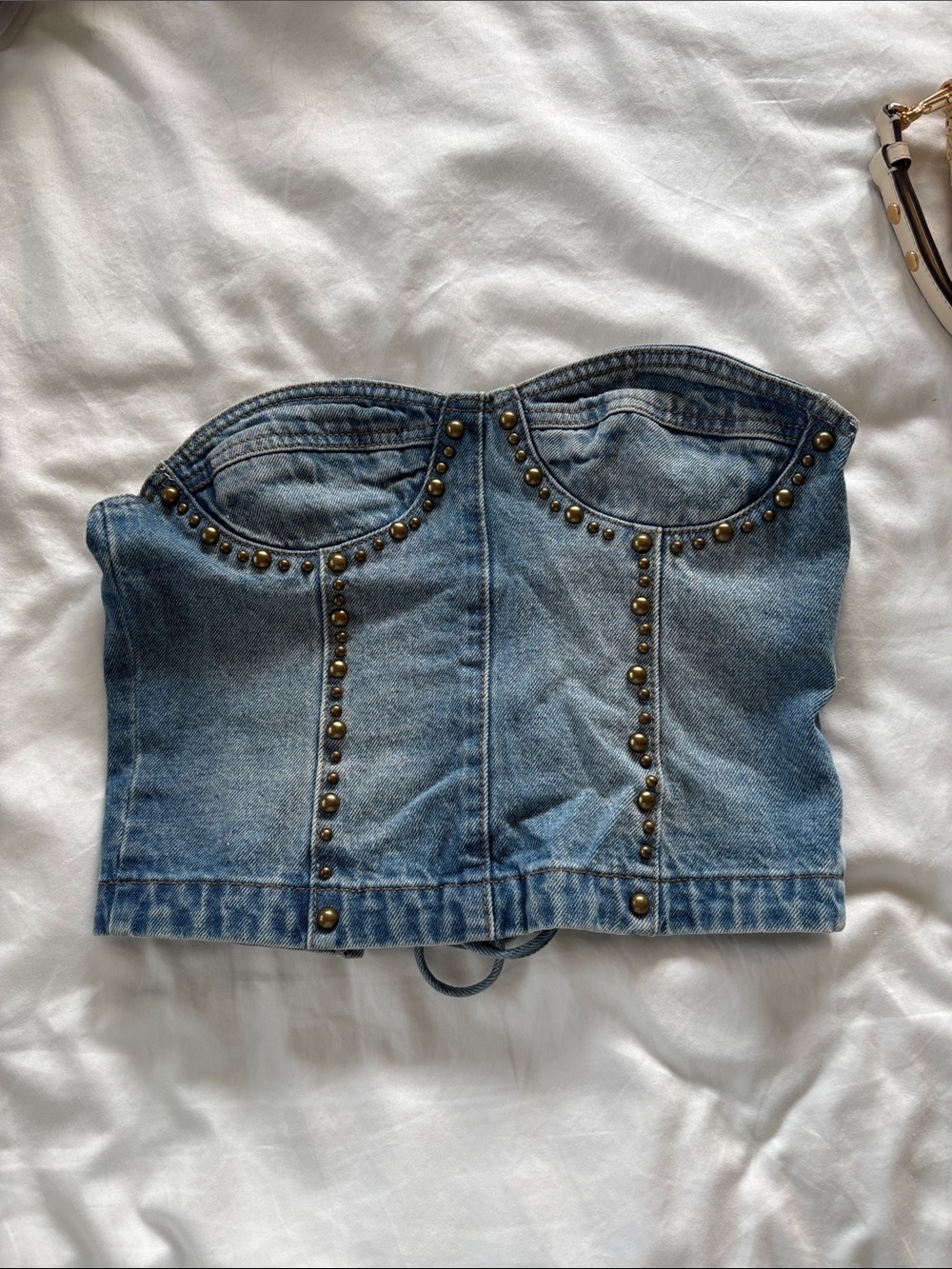 Edikted Denim Studded Strapless Crop Top - Blue